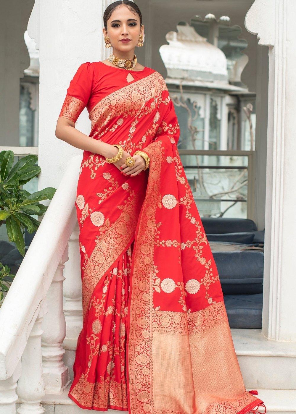 Imperial Red Soft Banarasi Silk Saree with Floral Zari work | Stitched Blouse - qivii