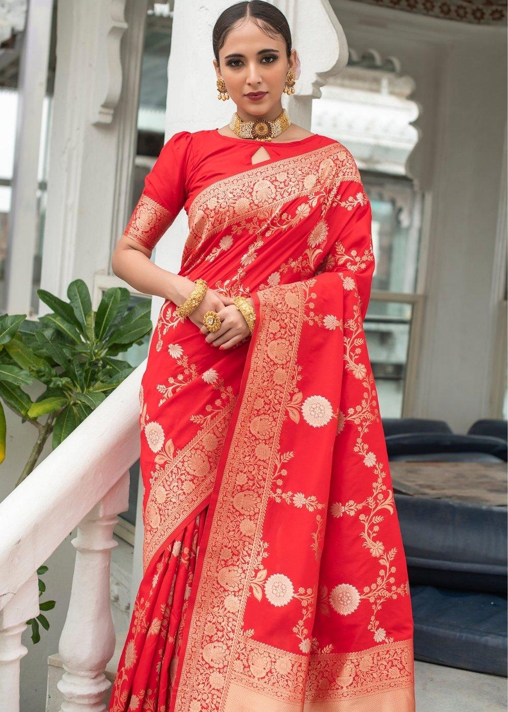 Imperial Red Soft Banarasi Silk Saree with Floral Zari work | Stitched Blouse - qivii