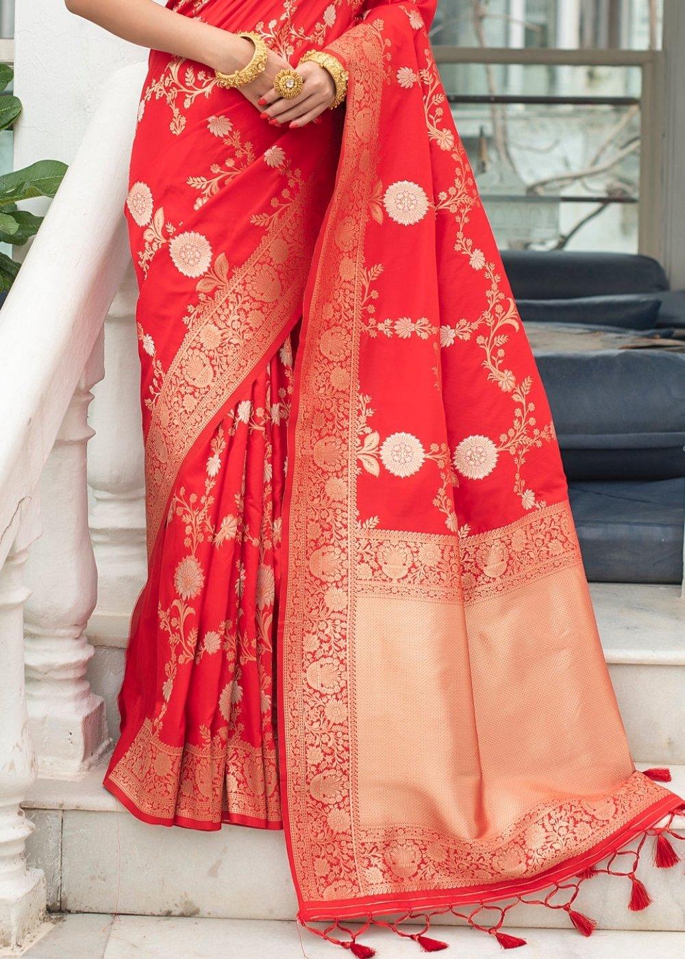 Imperial Red Soft Banarasi Silk Saree with Floral Zari work | Stitched Blouse - qivii