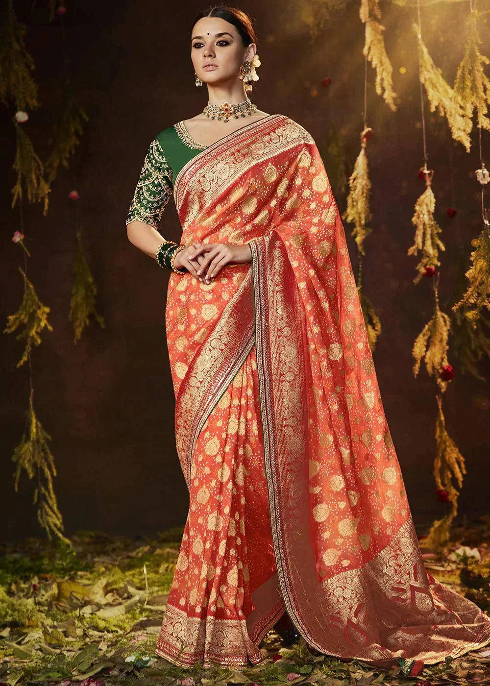 Imperial Red Zari Weaving Georgette Silk Saree with Embroidery Designer Blouse | Stitched Blouse - qivii