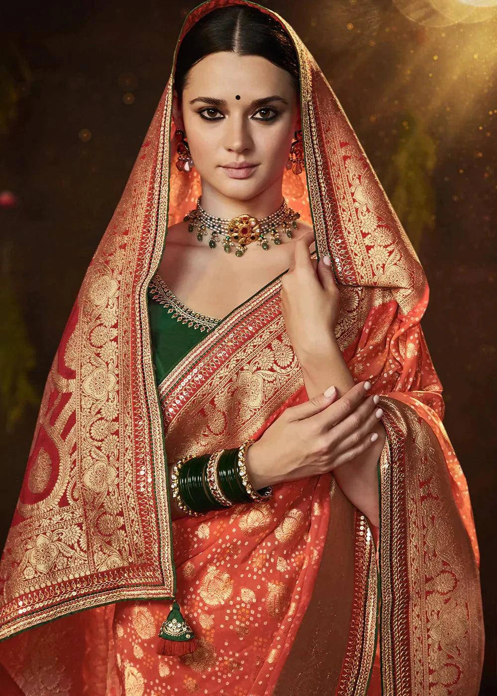 Imperial Red Zari Weaving Georgette Silk Saree with Embroidery Designer Blouse | Stitched Blouse - qivii