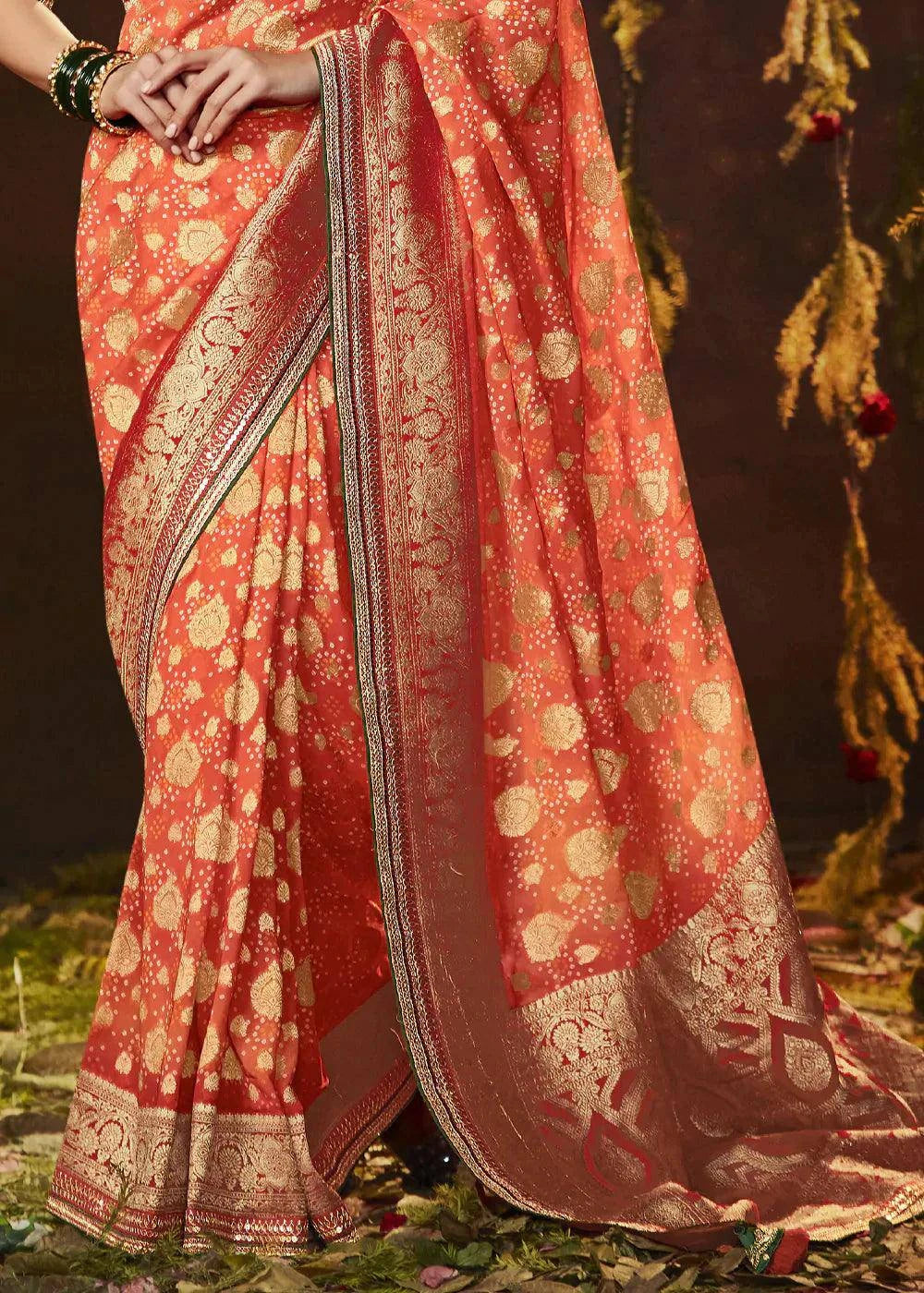 Imperial Red Zari Weaving Georgette Silk Saree with Embroidery Designer Blouse | Stitched Blouse - qivii