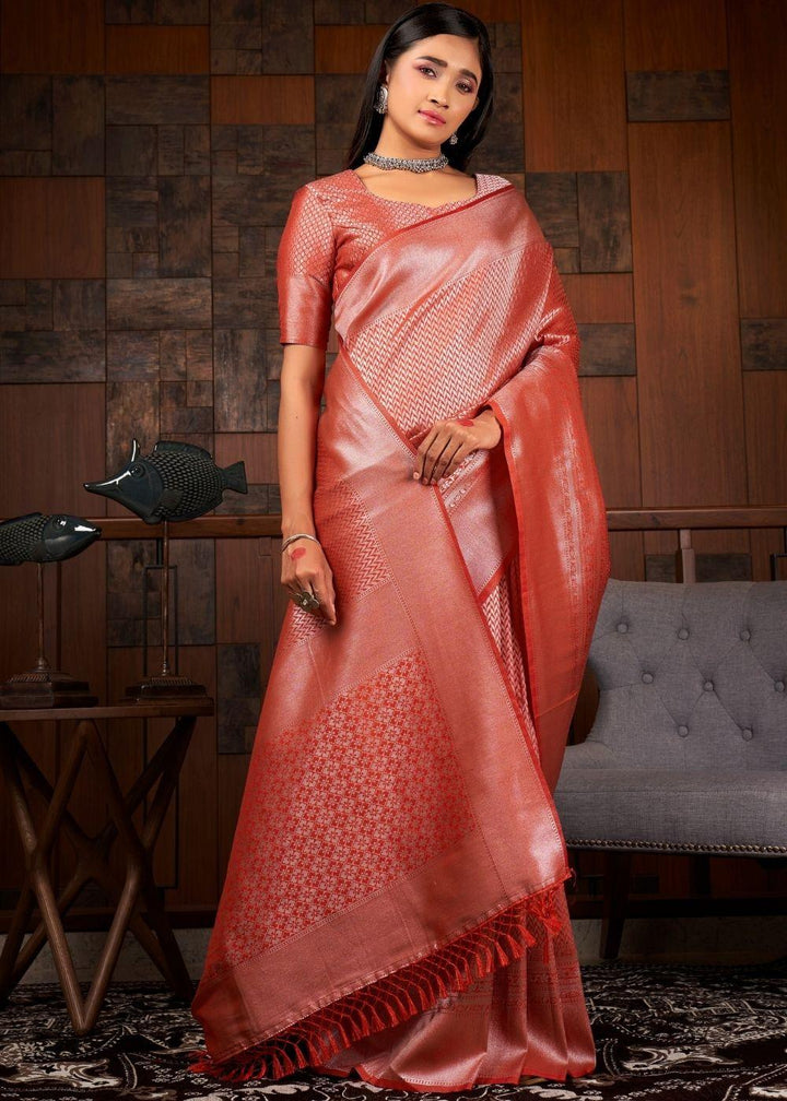 Indian Red Silver Zari work Kanjivaram Silk Saree | Stitched Blouse - qivii