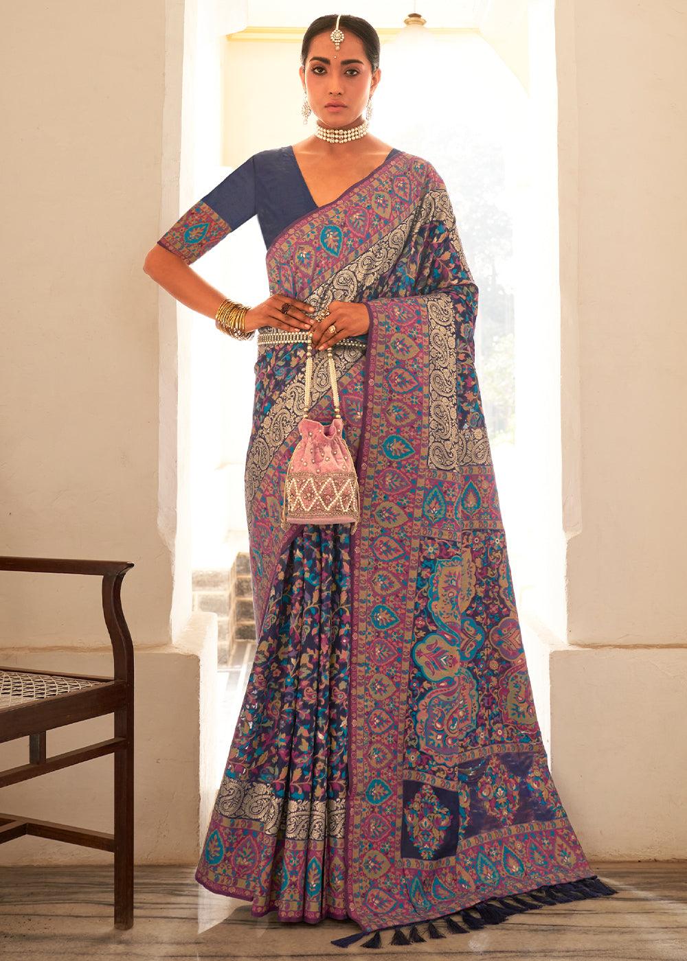 Indigo Blue Banarasi Jamawar Kashmiri Woven Silk Saree | Stitched Blouse - qivii