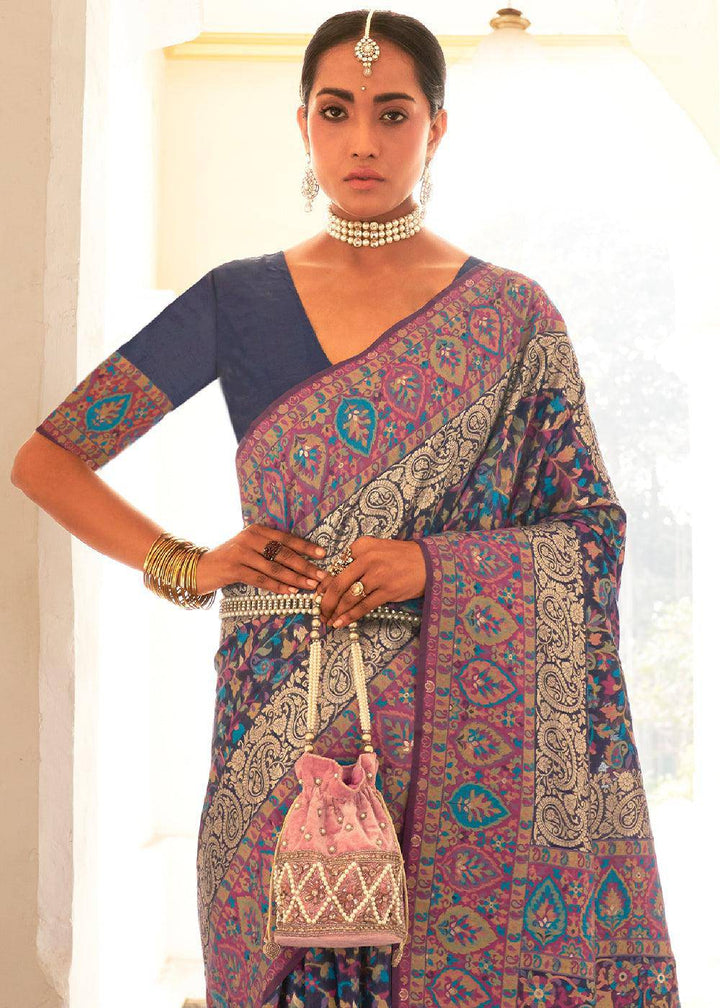 Indigo Blue Banarasi Jamawar Kashmiri Woven Silk Saree | Stitched Blouse - qivii