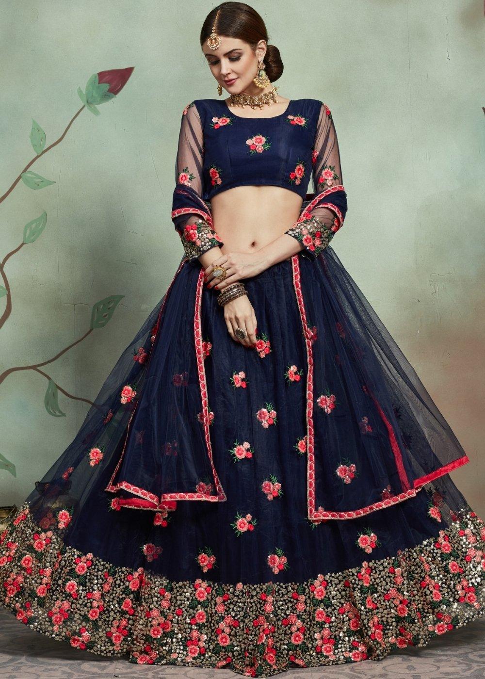 Indigo Blue Designer Soft Net Lehenga Choli with Sequins & Thread work - qivii