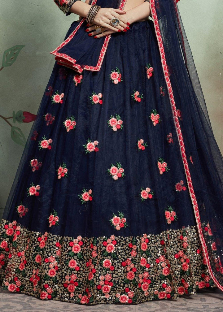 Indigo Blue Designer Soft Net Lehenga Choli with Sequins & Thread work - qivii