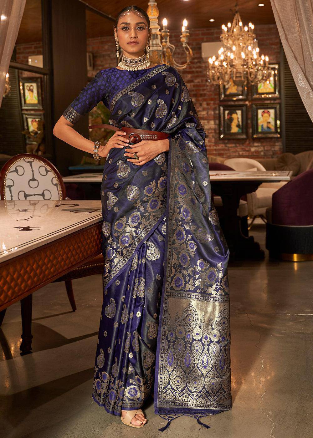 Indigo Blue Handloom Woven Satin Silk Saree | Stitched Blouse - qivii