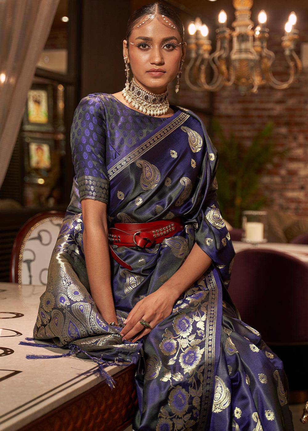 Indigo Blue Handloom Woven Satin Silk Saree | Stitched Blouse - qivii