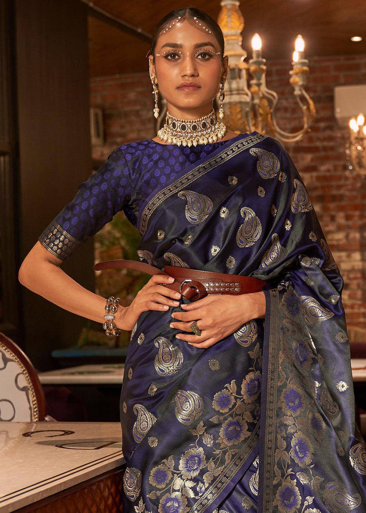 Indigo Blue Handloom Woven Satin Silk Saree | Stitched Blouse - qivii