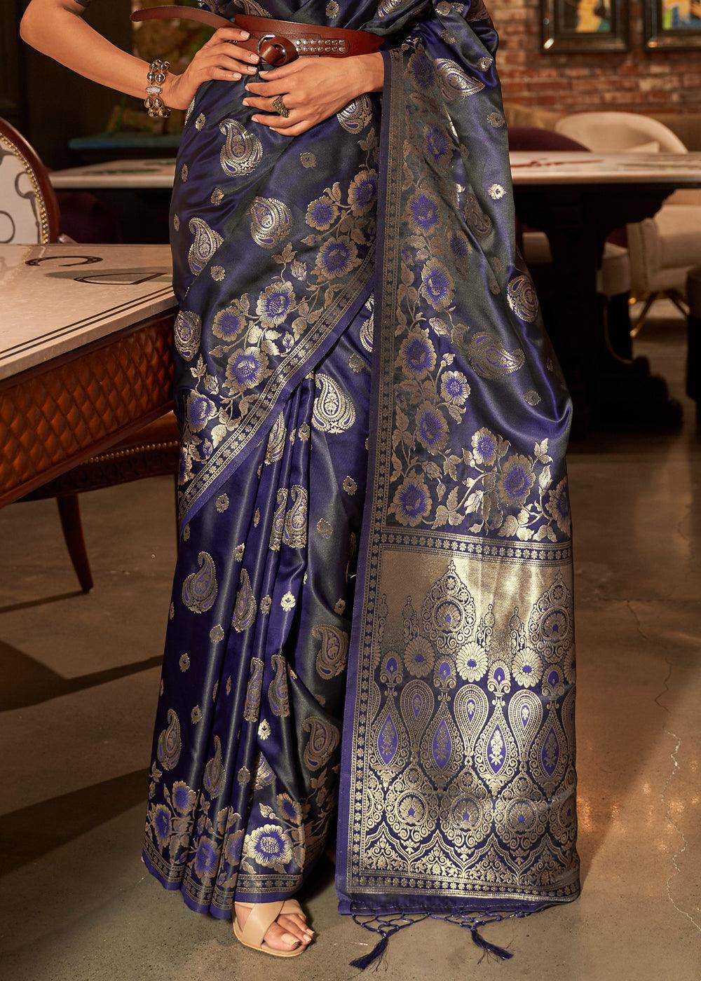 Indigo Blue Handloom Woven Satin Silk Saree | Stitched Blouse - qivii