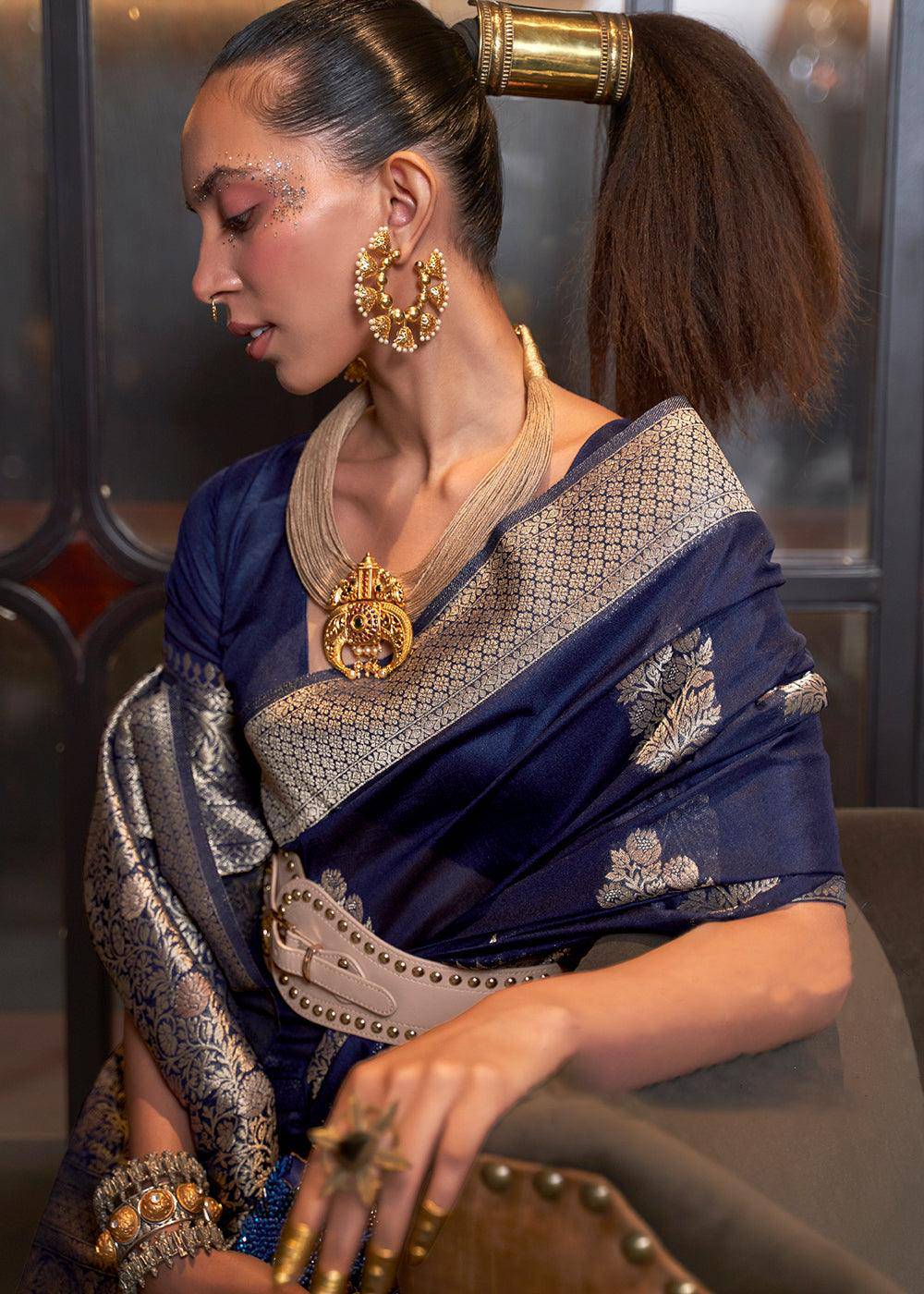 Indigo Blue Woven Khaddi Georgette Silk Saree | Stitched Blouse - qivii