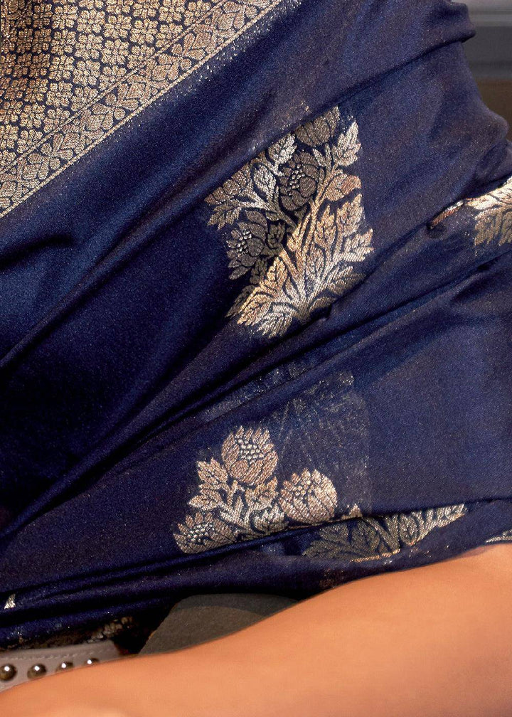 Indigo Blue Woven Khaddi Georgette Silk Saree | Stitched Blouse - qivii