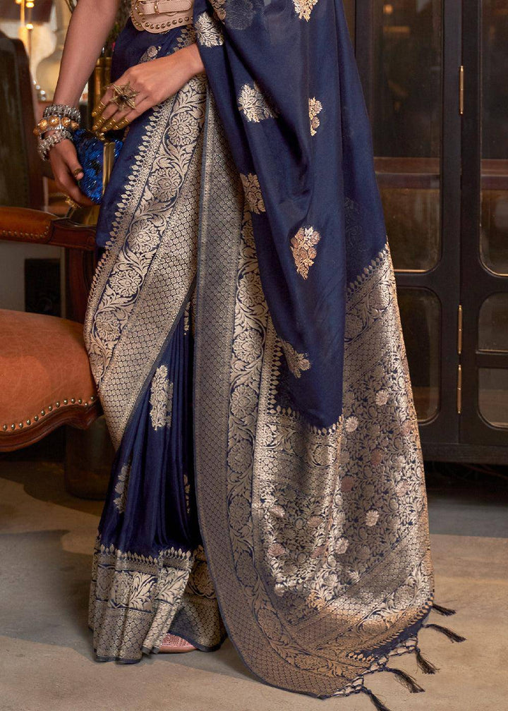 Indigo Blue Woven Khaddi Georgette Silk Saree | Stitched Blouse - qivii