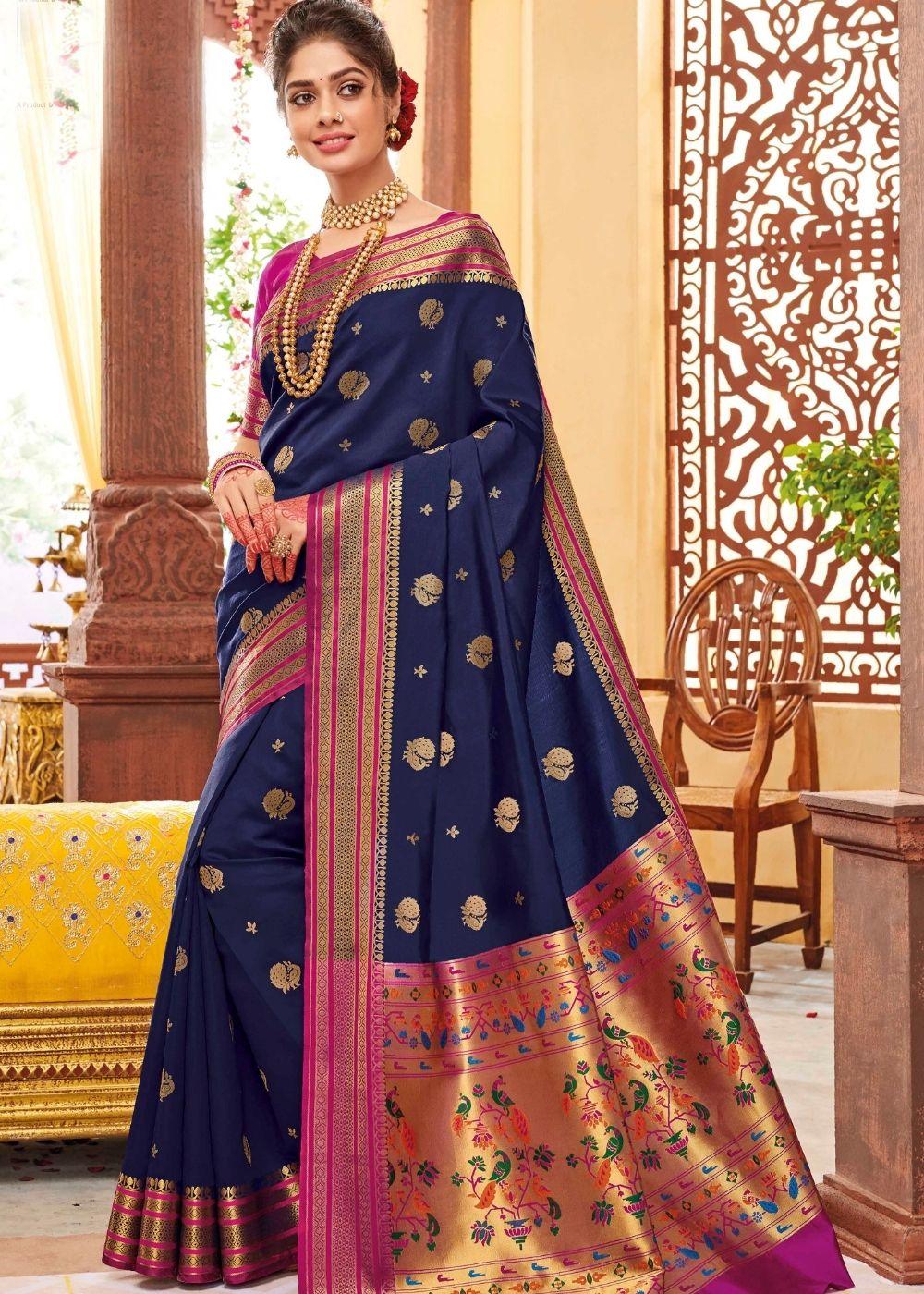 Indigo Blue Woven Paithani Silk Saree : Top Pick | Stitched Blouse - qivii