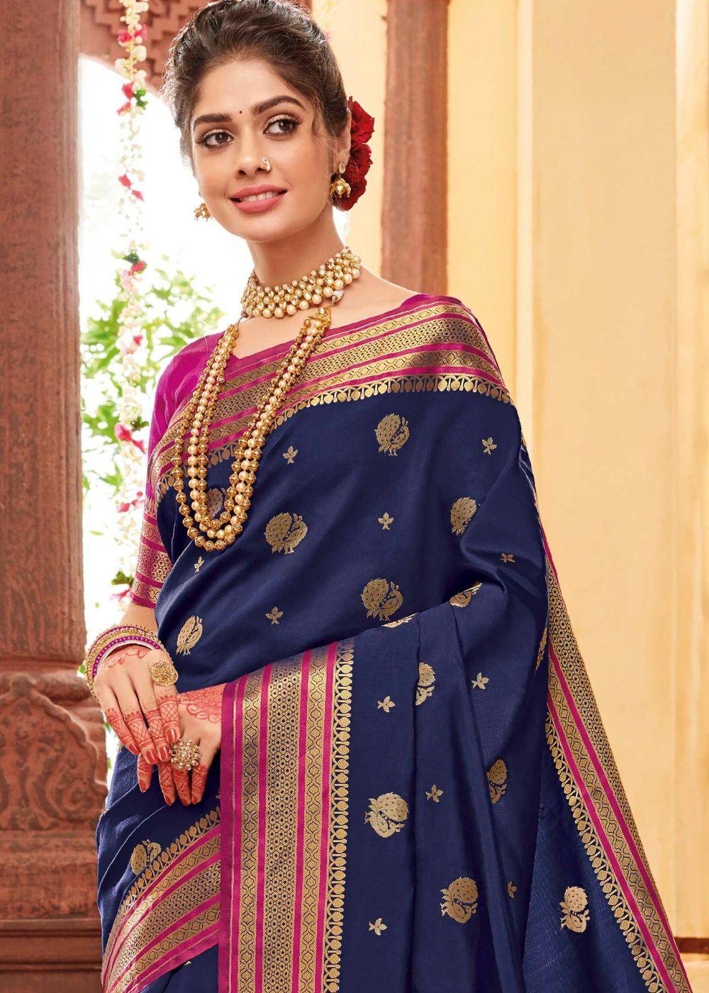 Indigo Blue Woven Paithani Silk Saree : Top Pick | Stitched Blouse - qivii