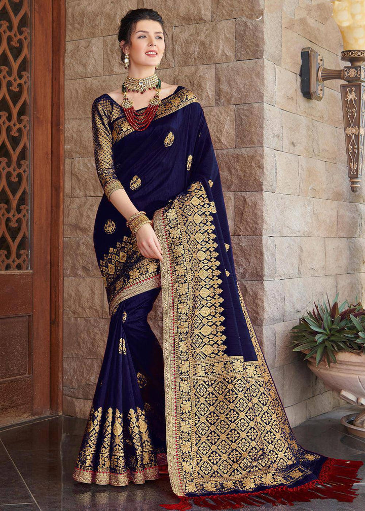 Indigo Blue Zari Woven Banarasi Silk Saree with Brocade Blouse | Stitched Blouse - qivii