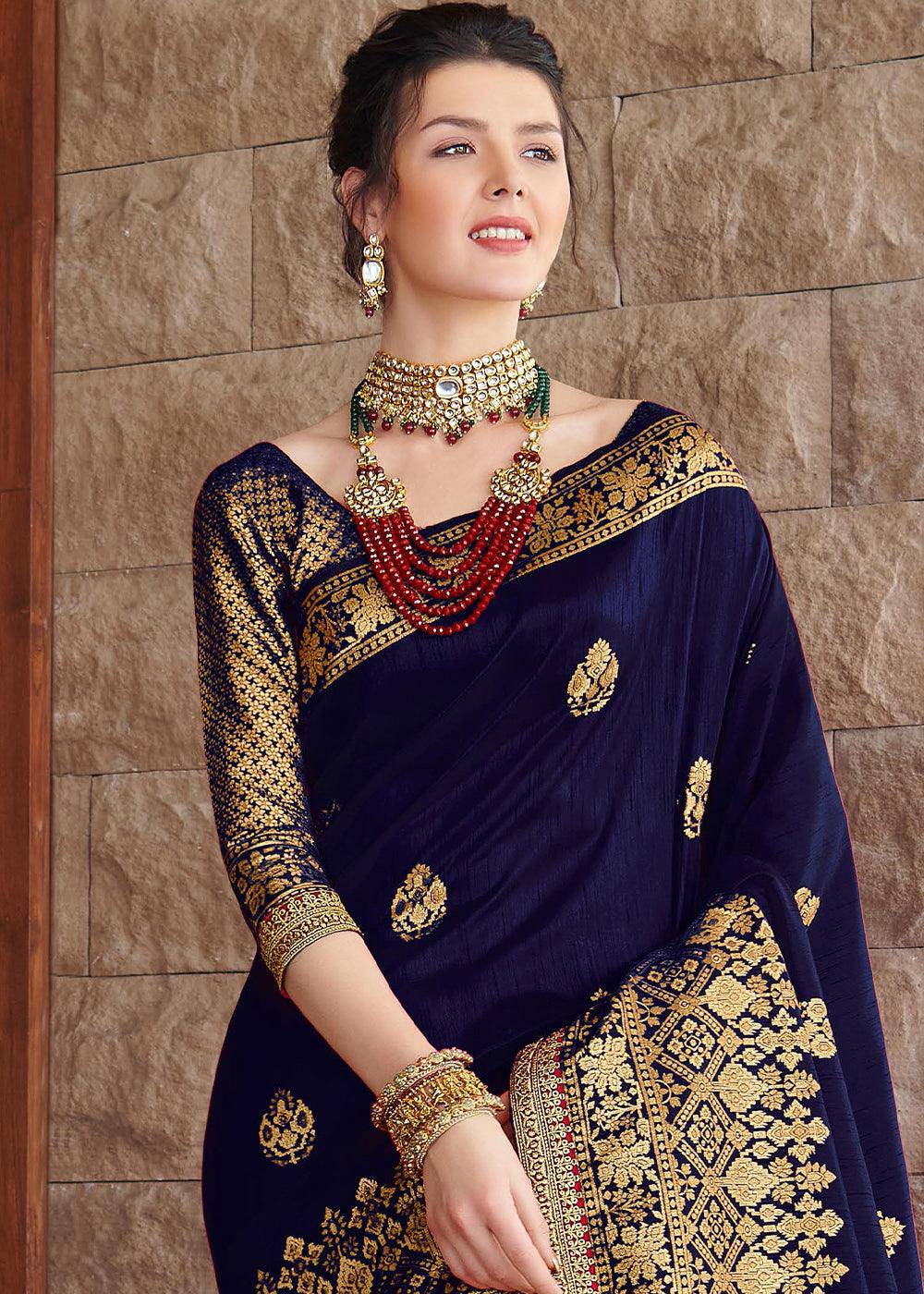 Indigo Blue Zari Woven Banarasi Silk Saree with Brocade Blouse | Stitched Blouse - qivii