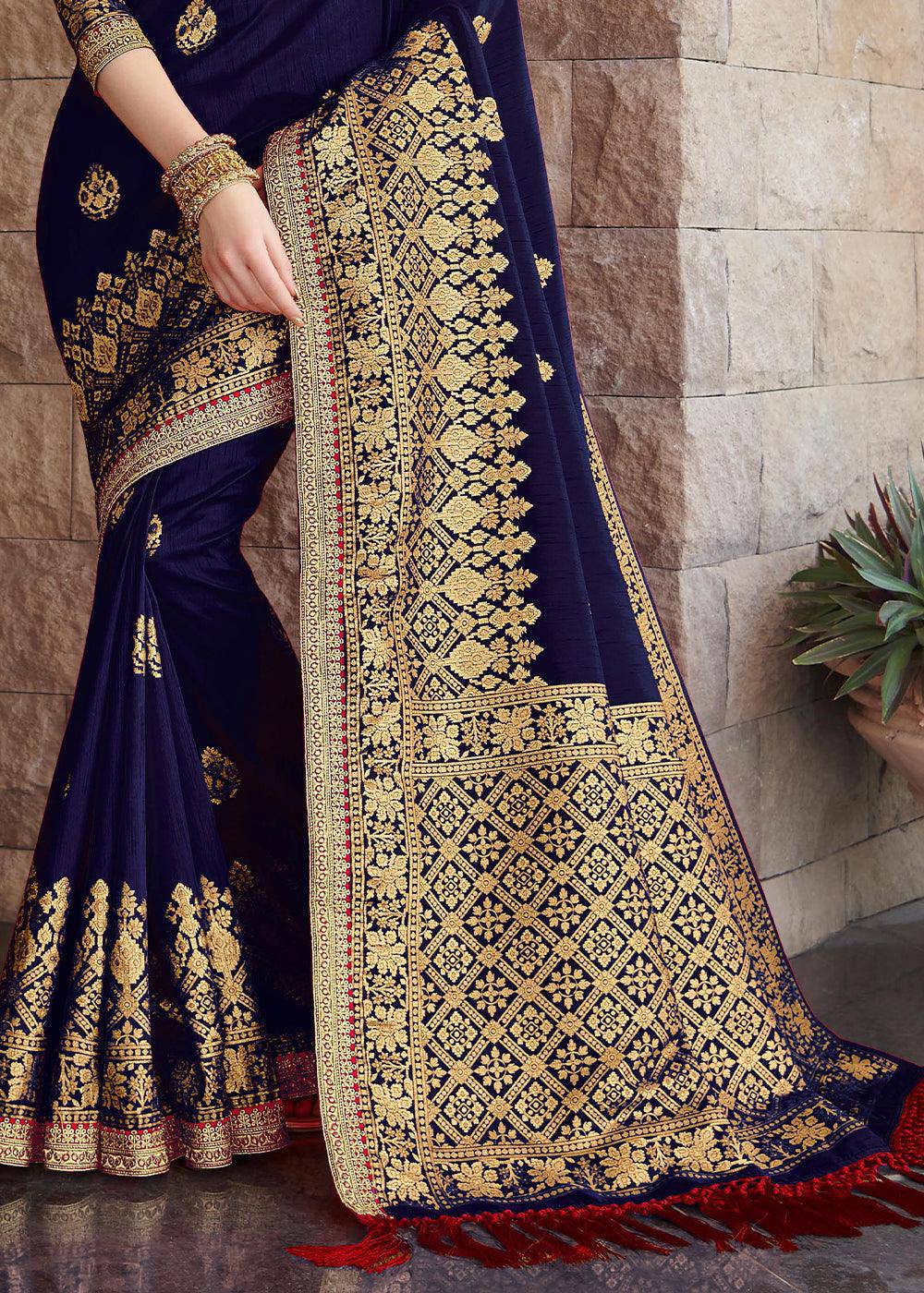 Indigo Blue Zari Woven Banarasi Silk Saree with Brocade Blouse | Stitched Blouse - qivii