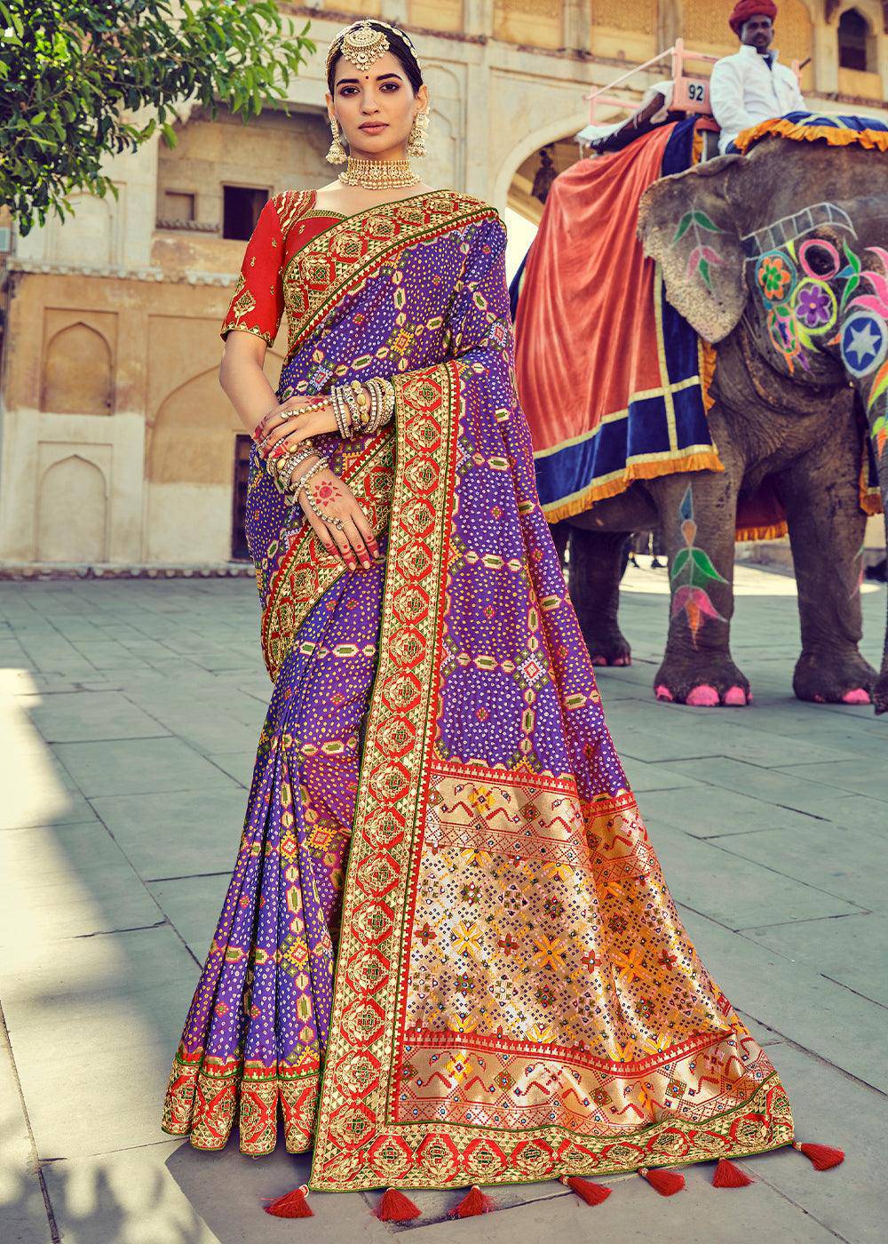 Indigo Purple Bandhej Patola Silk Saree with Mirror, Khatli & Cut-Dana work | Stitched Blouse - qivii