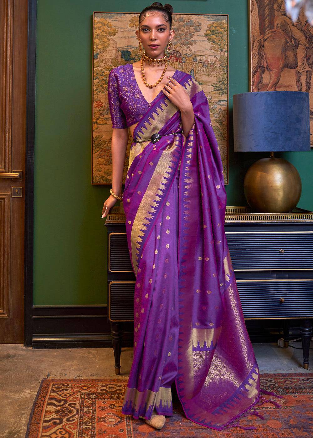 Indigo Purple Handloom Woven Banarasi Silk Saree | Stitched Blouse - qivii