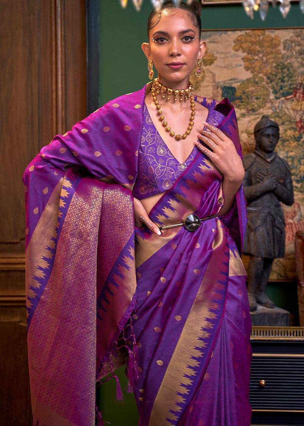 Indigo Purple Handloom Woven Banarasi Silk Saree | Stitched Blouse - qivii