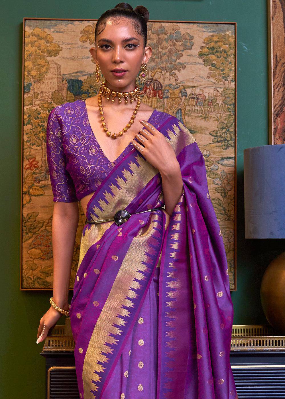 Indigo Purple Handloom Woven Banarasi Silk Saree | Stitched Blouse - qivii