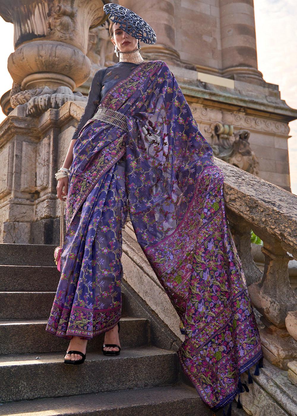 Indigo Purple Parsi Handloom Woven Organza Silk Saree - qivii