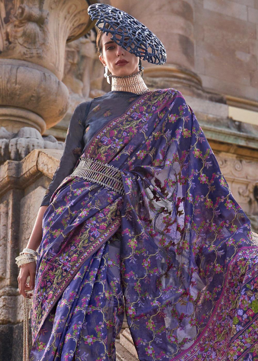 Indigo Purple Parsi Handloom Woven Organza Silk Saree - qivii