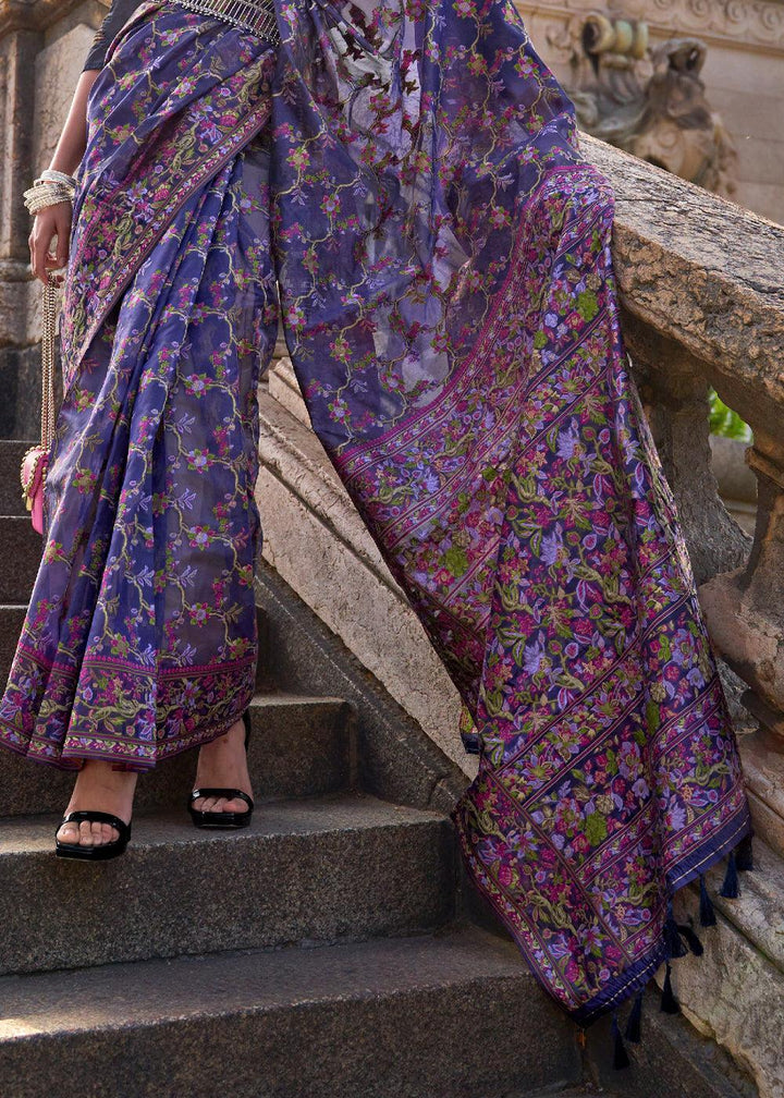 Indigo Purple Parsi Handloom Woven Organza Silk Saree - qivii