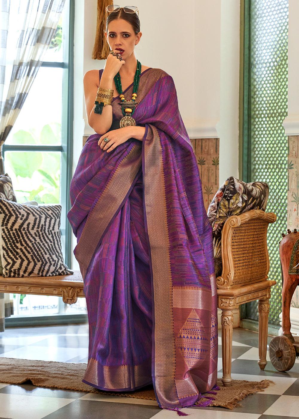 Indigo Purple Two Tone Handloom Weaving Organza Silk Saree : Top Pick - qivii