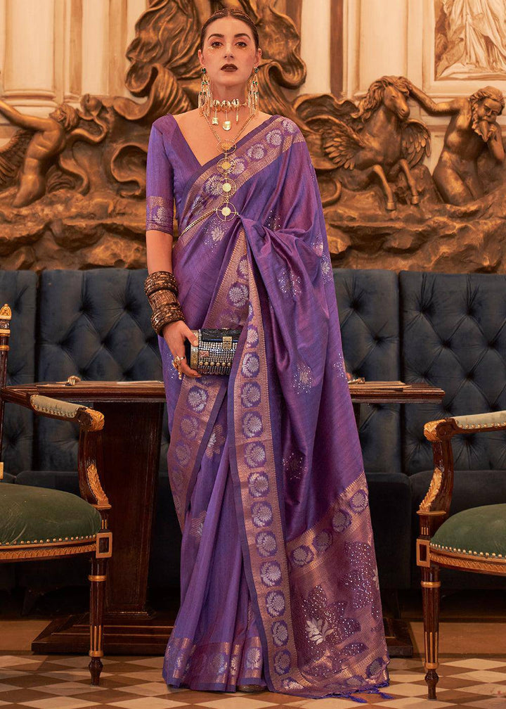 Indigo Purple Woven Tussar Silk Saree with Sequins Work | Stitched Blouse - qivii