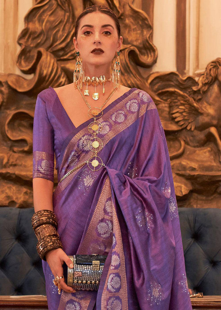 Indigo Purple Woven Tussar Silk Saree with Sequins Work | Stitched Blouse - qivii