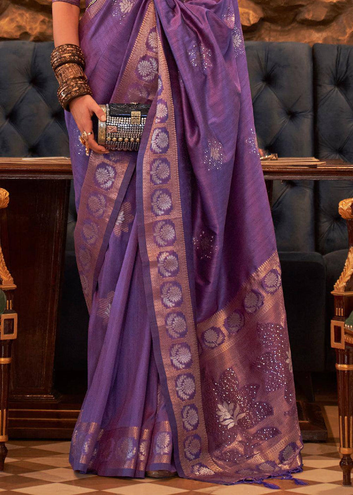 Indigo Purple Woven Tussar Silk Saree with Sequins Work | Stitched Blouse - qivii