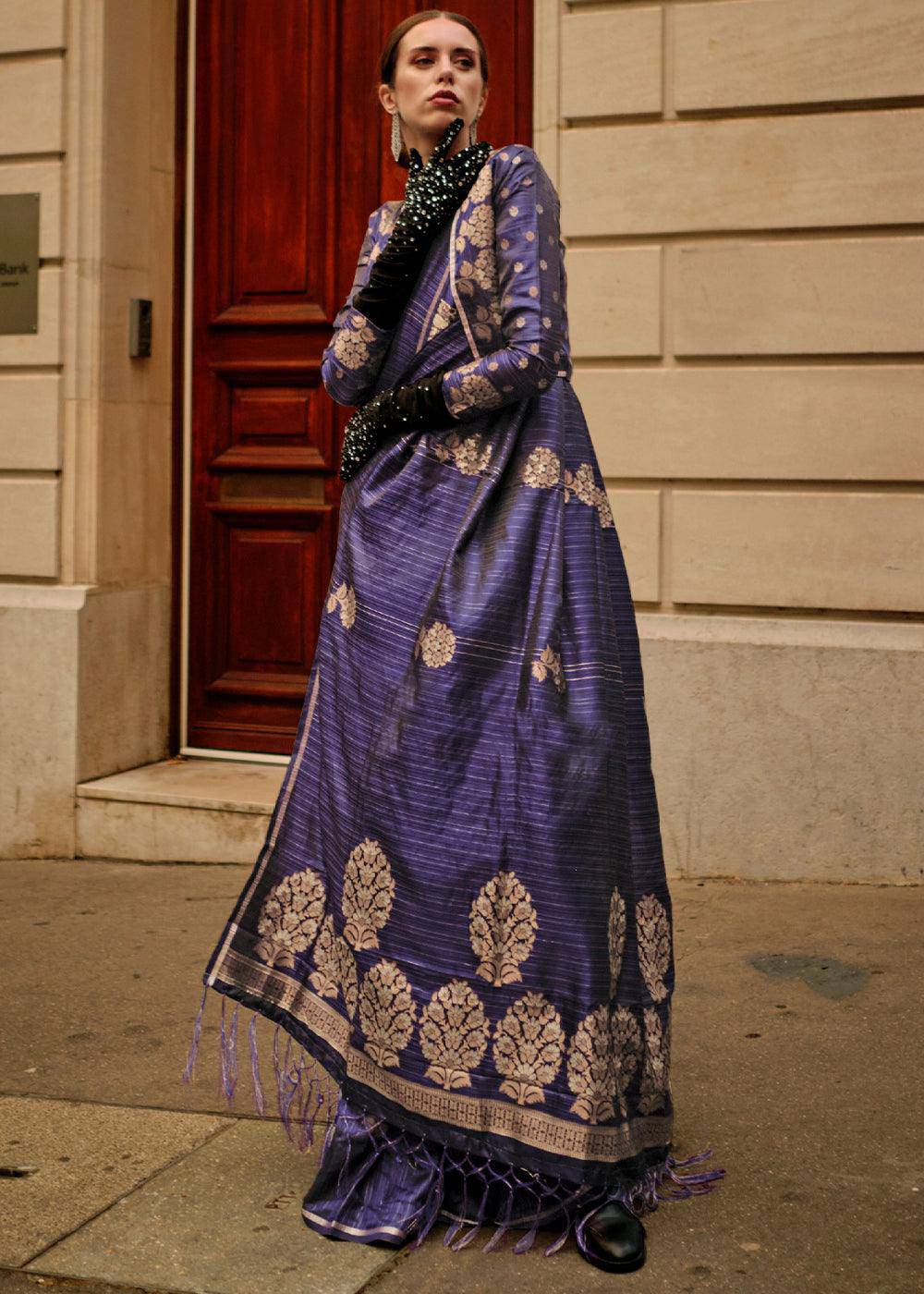 Indigo Purple Zari Handloom Woven Satin Silk Saree | Stitched Blouse - qivii