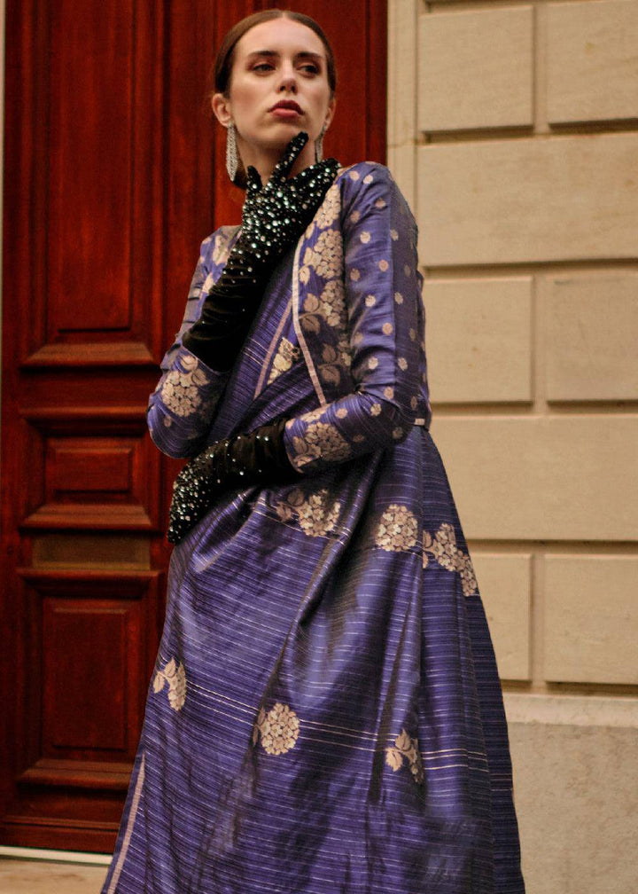 Indigo Purple Zari Handloom Woven Satin Silk Saree | Stitched Blouse - qivii