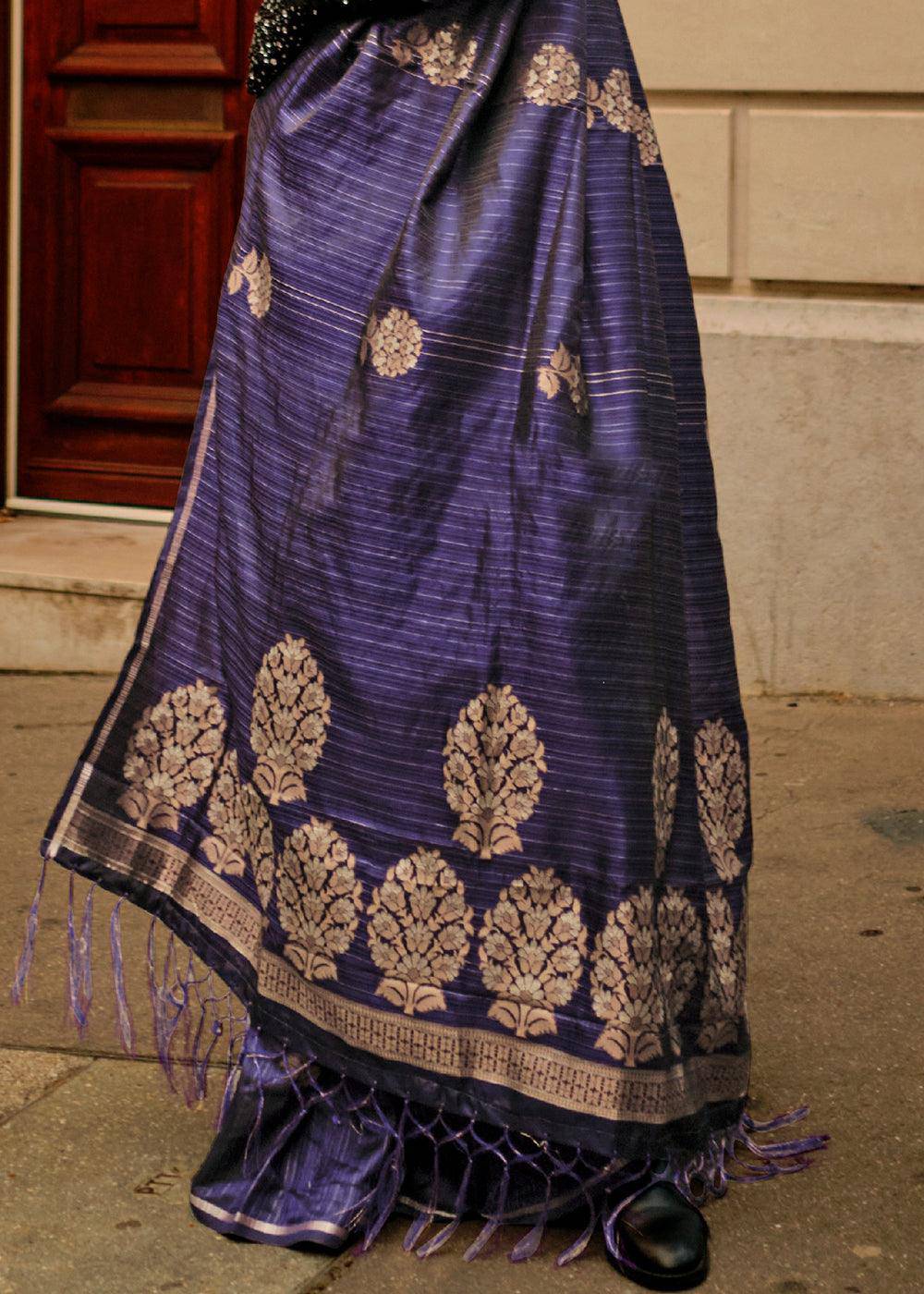 Indigo Purple Zari Handloom Woven Satin Silk Saree | Stitched Blouse - qivii