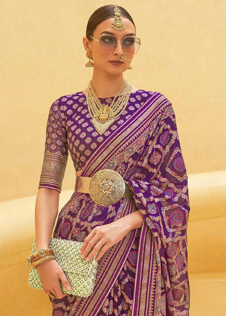 Indigo Purple Zari Woven Brasso Organza Silk Saree | Stitched Blouse - qivii