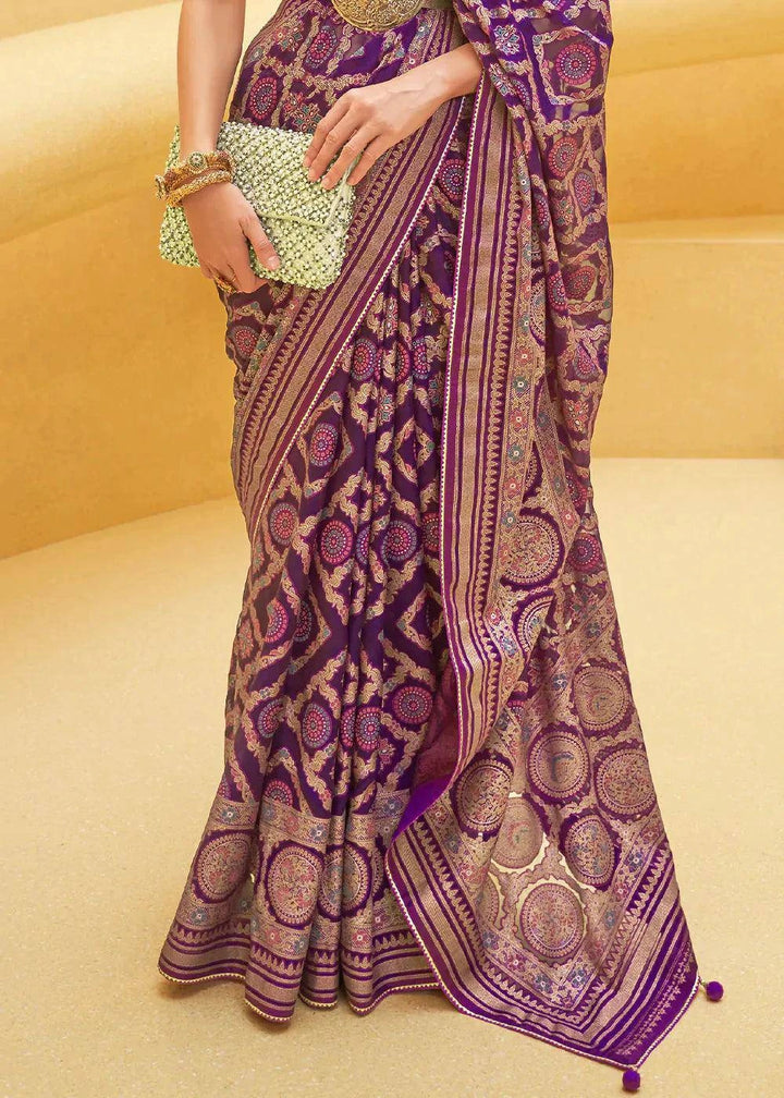 Indigo Purple Zari Woven Brasso Organza Silk Saree | Stitched Blouse - qivii