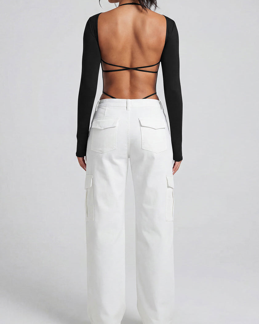 Square Neck Long Sleeve Backless Thong Slim Fit Bodysuit