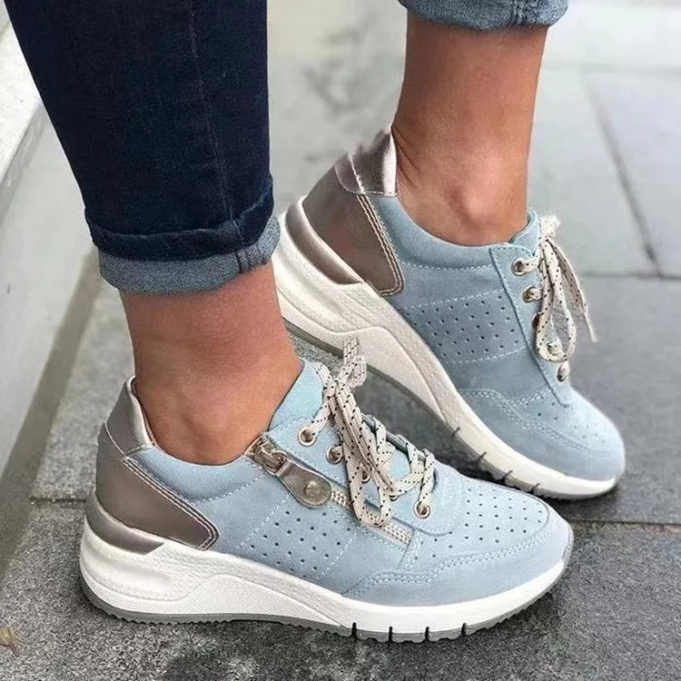 Blue Iona women's orthopedic walking sneakers by Hudson Ridge featuring supportive soles and comfortable design for active wear.