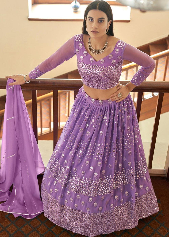 Iris Purple Georgette Lehenga Choli with Resham,Mirror & Gota work - qivii