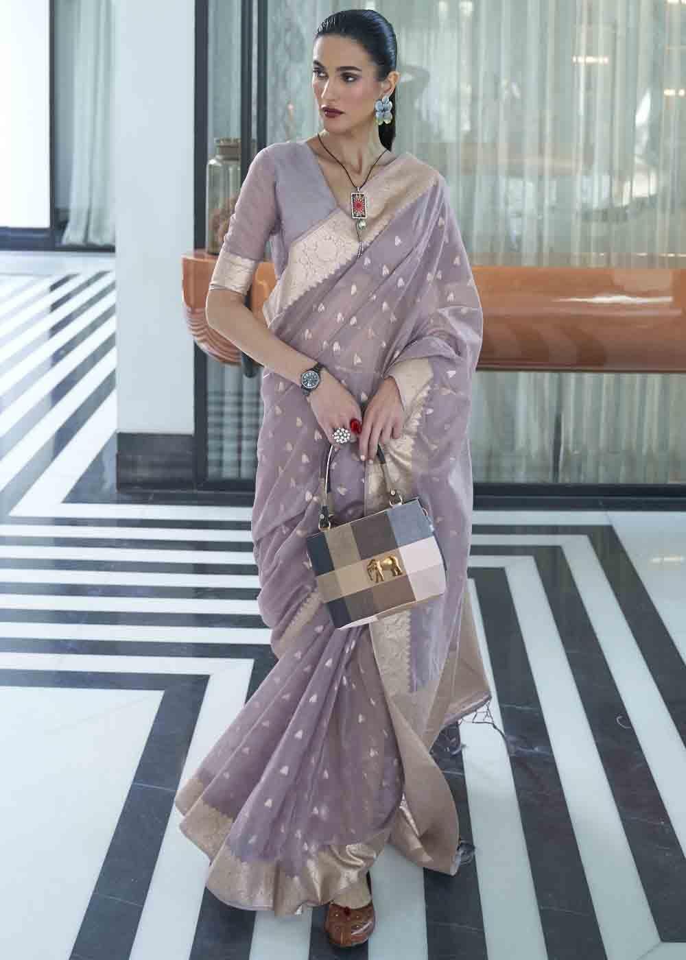 Iris Purple Woven Designer Silk Saree | Stitched Blouse - qivii