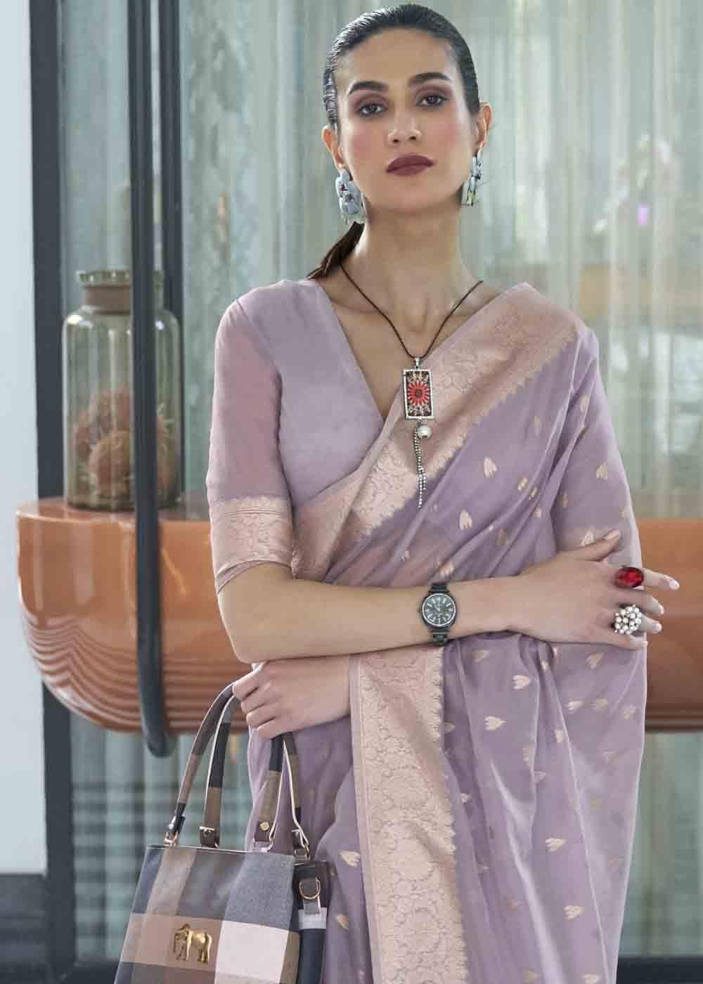 Iris Purple Woven Designer Silk Saree | Stitched Blouse - qivii