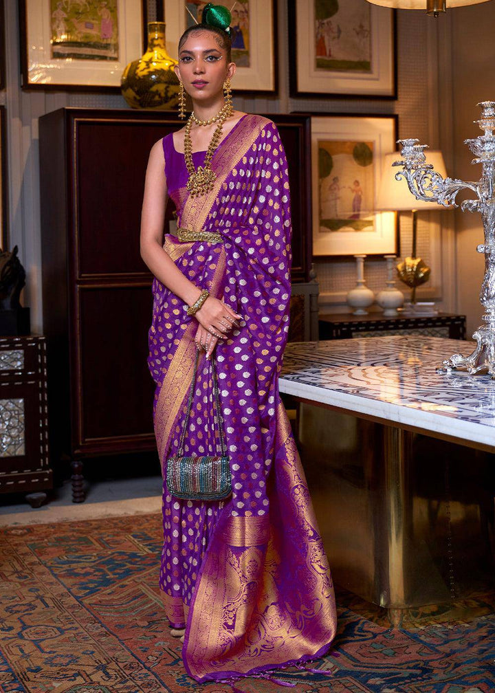 Irish Purple Copper Zari Woven Banarasi Khaddi Silk Saree | Stitched Blouse - qivii