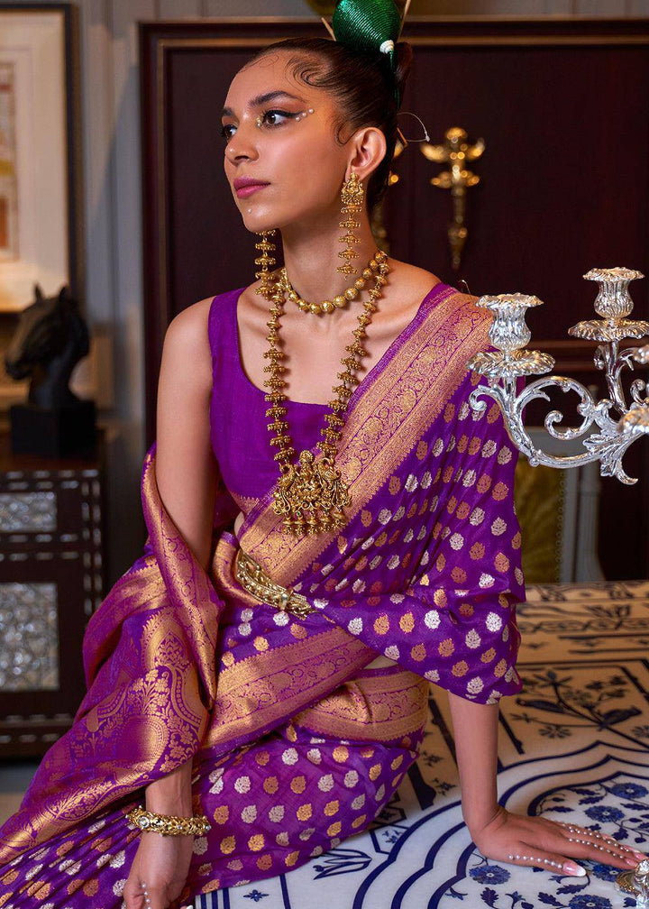 Irish Purple Copper Zari Woven Banarasi Khaddi Silk Saree | Stitched Blouse - qivii