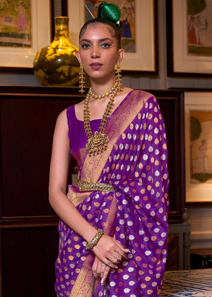 Irish Purple Copper Zari Woven Banarasi Khaddi Silk Saree | Stitched Blouse - qivii