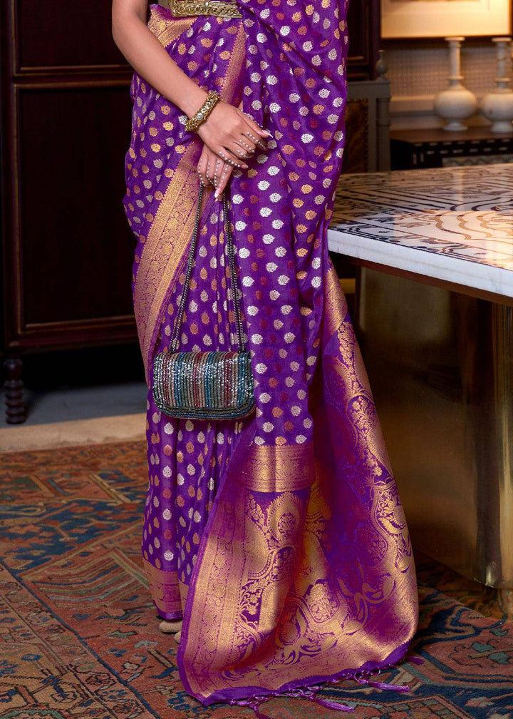 Irish Purple Copper Zari Woven Banarasi Khaddi Silk Saree | Stitched Blouse - qivii