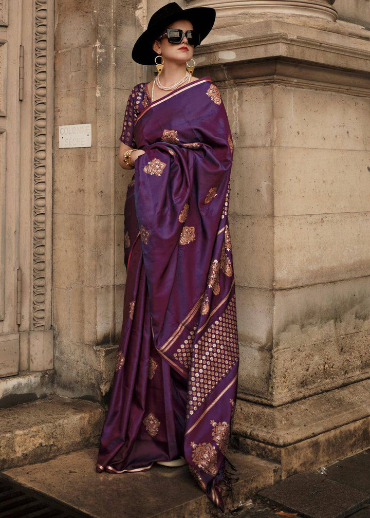 Irish Purple Handloom Woven Satin Silk Saree | Stitched Blouse - qivii