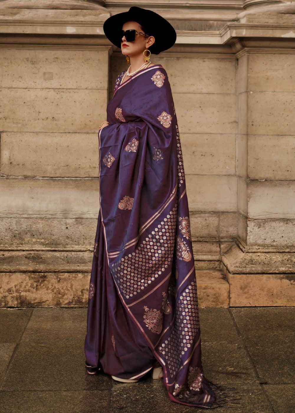 Irish Purple Handloom Woven Satin Silk Saree | Stitched Blouse - qivii